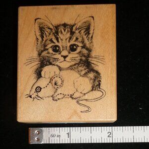Vintage PSX Kitten Playing with Mouse Wood-mounted Rubber Stamp 1994